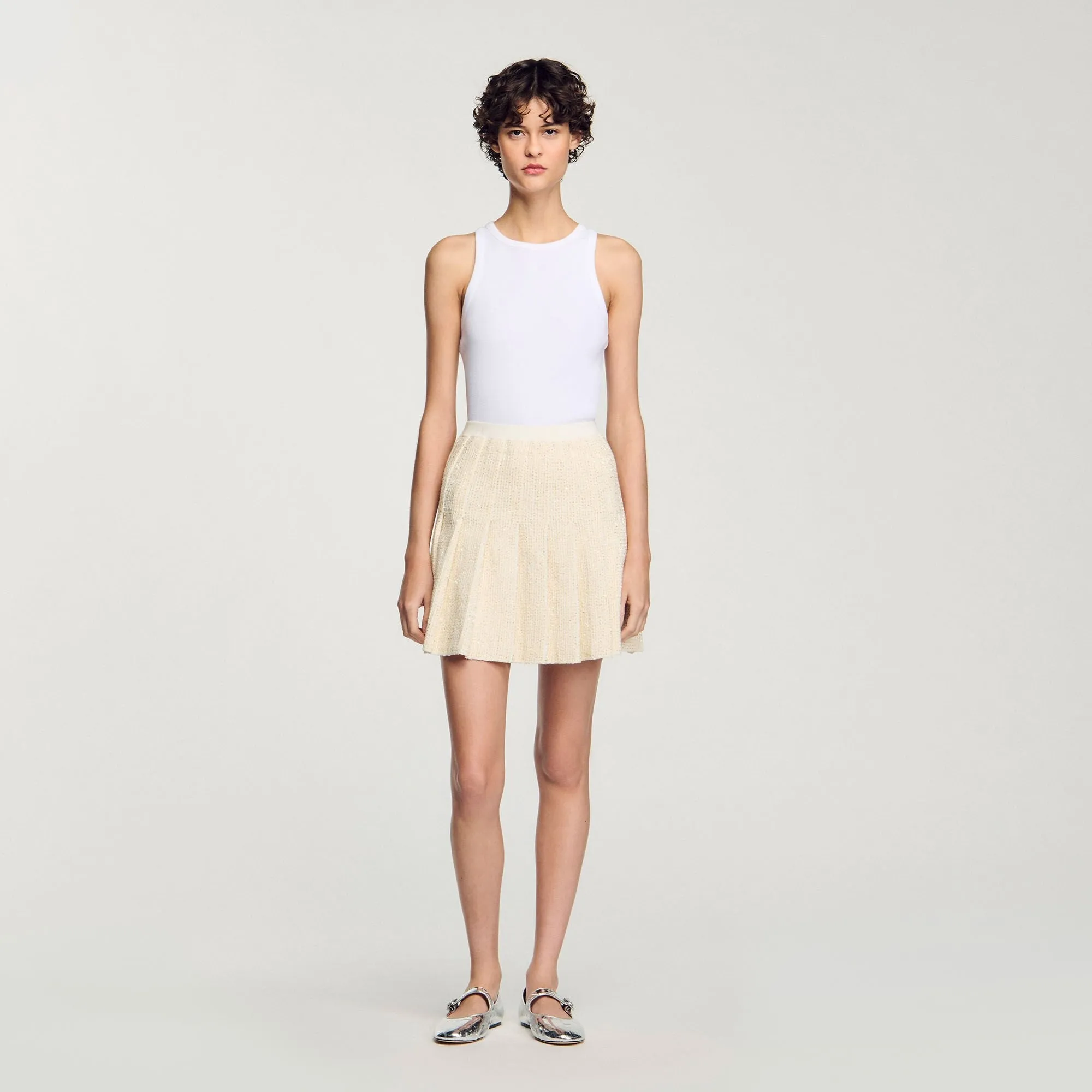 Henriette Short Tweed Pleated Skirt Ecru
