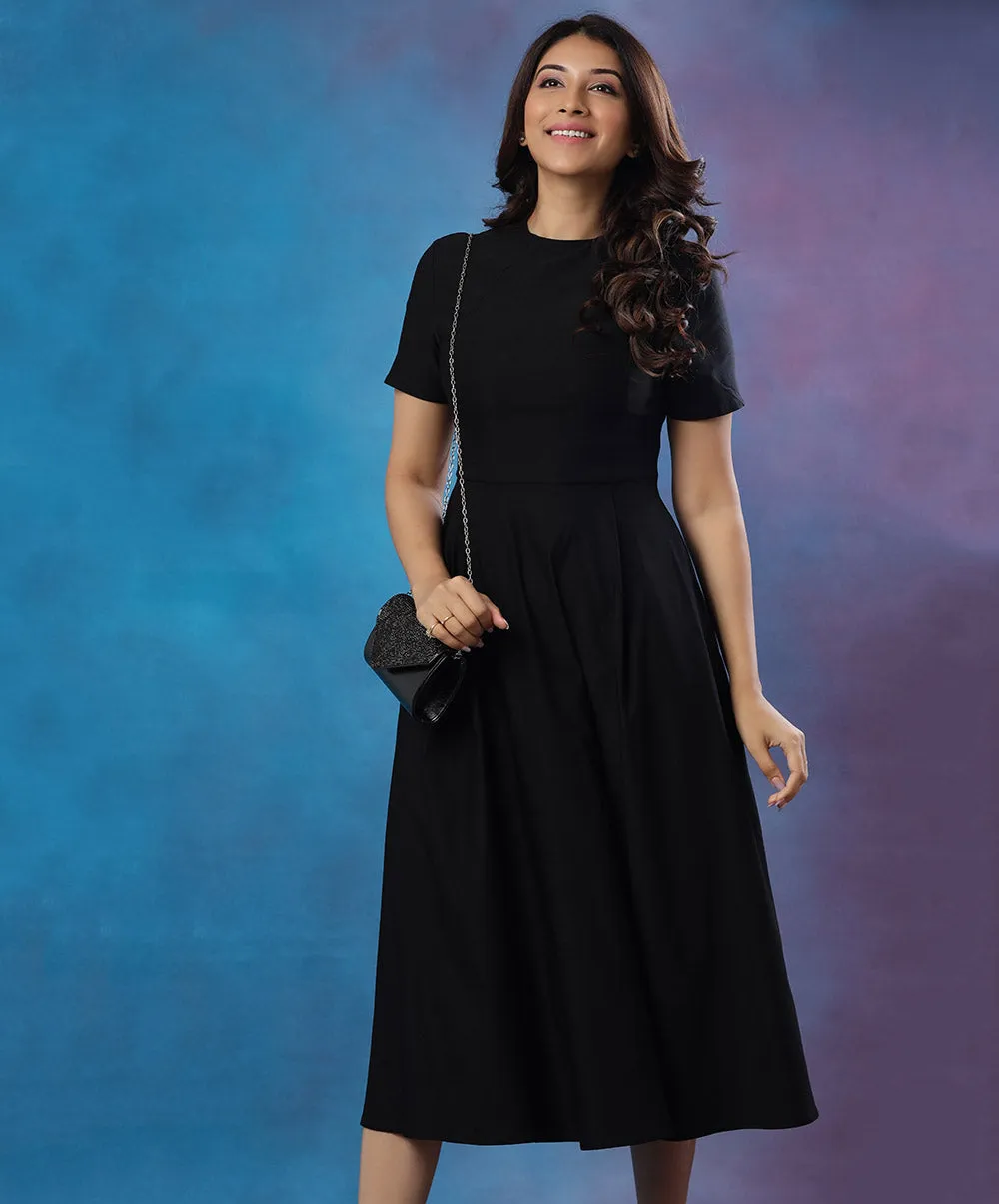 High Neck Short Sleeve Black Dress