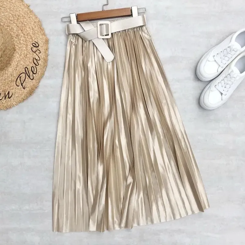 High Waist Elegant Stain Women's Pleated Skirts with Belted Solid Skirts Mi-long Umbrella Skirt Spring Summer