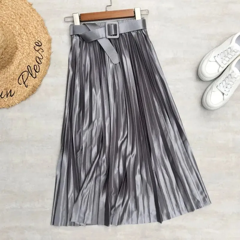High Waist Elegant Stain Women's Pleated Skirts with Belted Solid Skirts Mi-long Umbrella Skirt Spring Summer