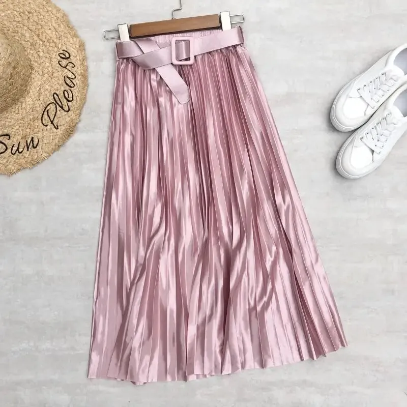 High Waist Elegant Stain Women's Pleated Skirts with Belted Solid Skirts Mi-long Umbrella Skirt Spring Summer