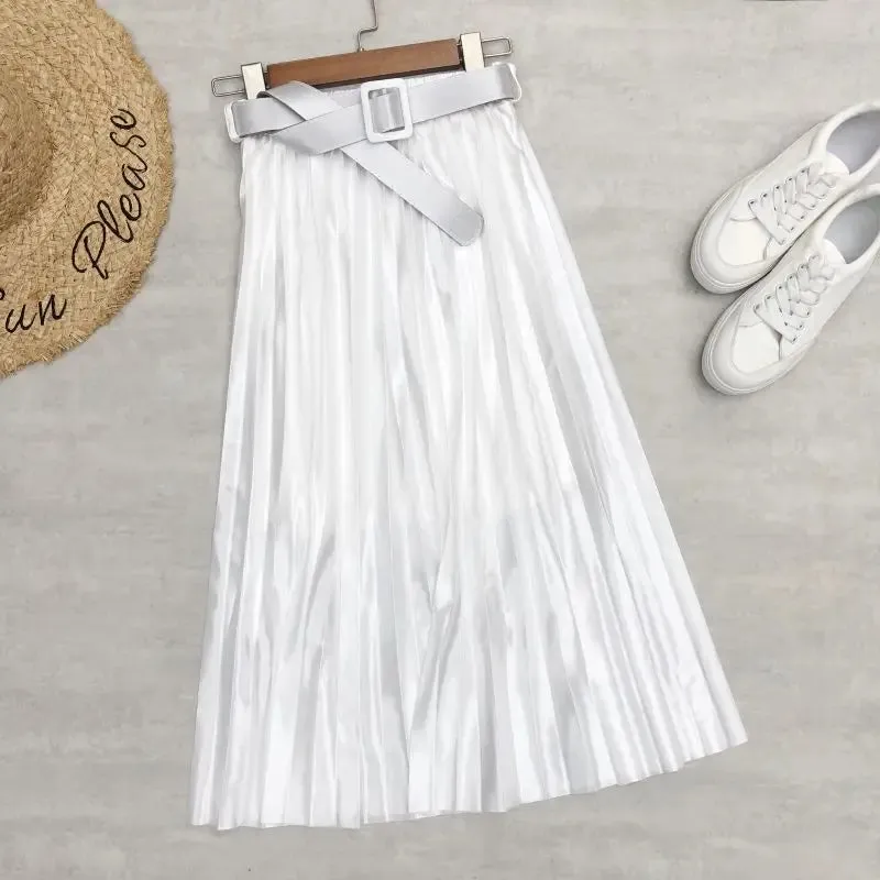 High Waist Elegant Stain Women's Pleated Skirts with Belted Solid Skirts Mi-long Umbrella Skirt Spring Summer