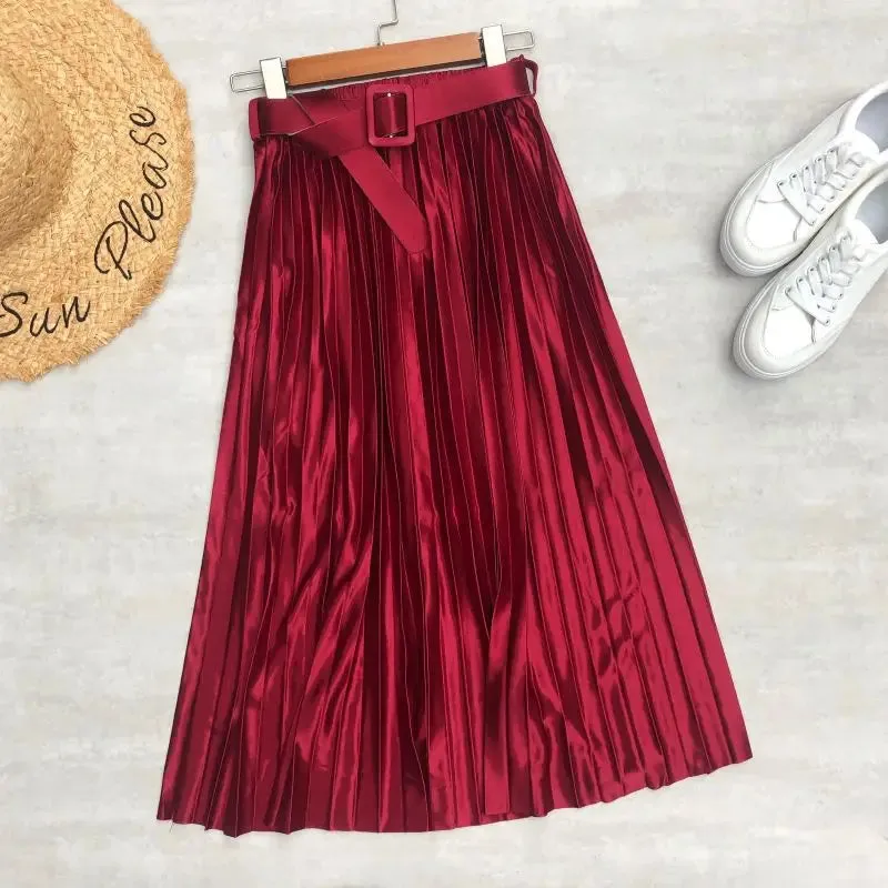High Waist Elegant Stain Women's Pleated Skirts with Belted Solid Skirts Mi-long Umbrella Skirt Spring Summer
