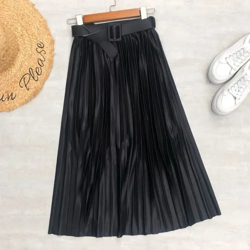High Waist Elegant Stain Women's Pleated Skirts with Belted Solid Skirts Mi-long Umbrella Skirt Spring Summer