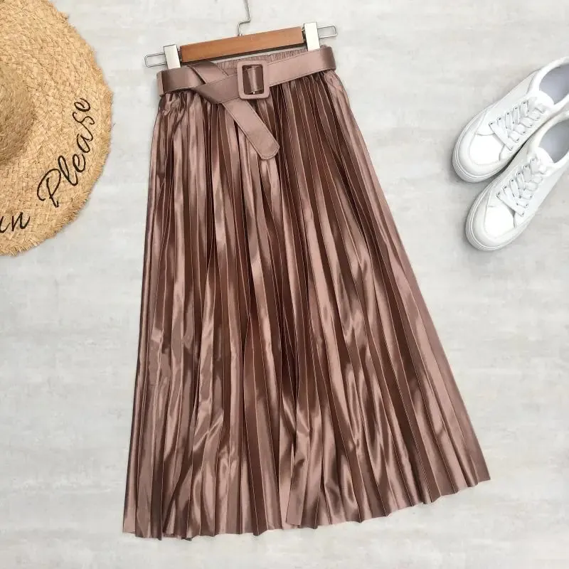 High Waist Elegant Stain Women's Pleated Skirts with Belted Solid Skirts Mi-long Umbrella Skirt Spring Summer