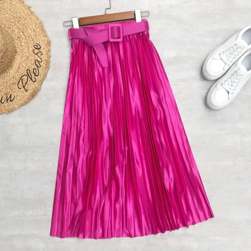 High Waist Elegant Stain Women's Pleated Skirts with Belted Solid Skirts Mi-long Umbrella Skirt Spring Summer