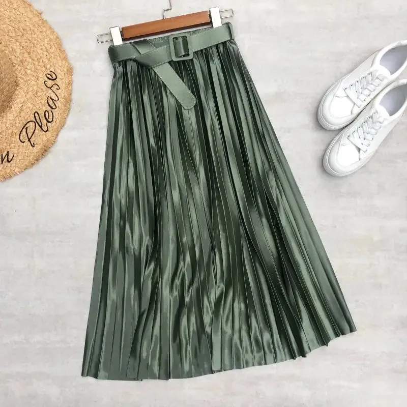 High Waist Elegant Stain Women's Pleated Skirts with Belted Solid Skirts Mi-long Umbrella Skirt Spring Summer