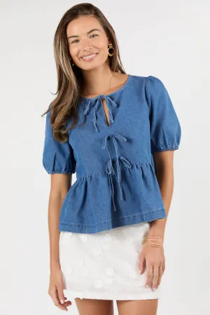 Hit The Backroads Medium Wash Denim Tie Front Short Sleeve Blouse