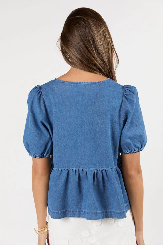 Hit The Backroads Medium Wash Denim Tie Front Short Sleeve Blouse