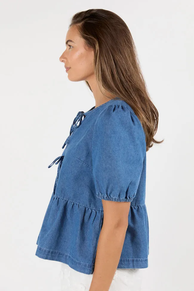 Hit The Backroads Medium Wash Denim Tie Front Short Sleeve Blouse
