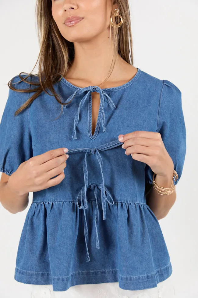 Hit The Backroads Medium Wash Denim Tie Front Short Sleeve Blouse