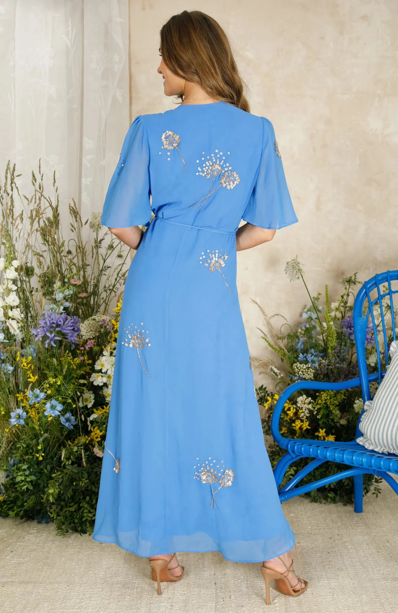 Hope & Ivy Mallory Embellished Belted Wrap Dress with Flutter Sleeve