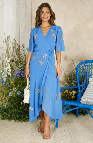 Hope & Ivy Mallory Embellished Belted Wrap Dress with Flutter Sleeve