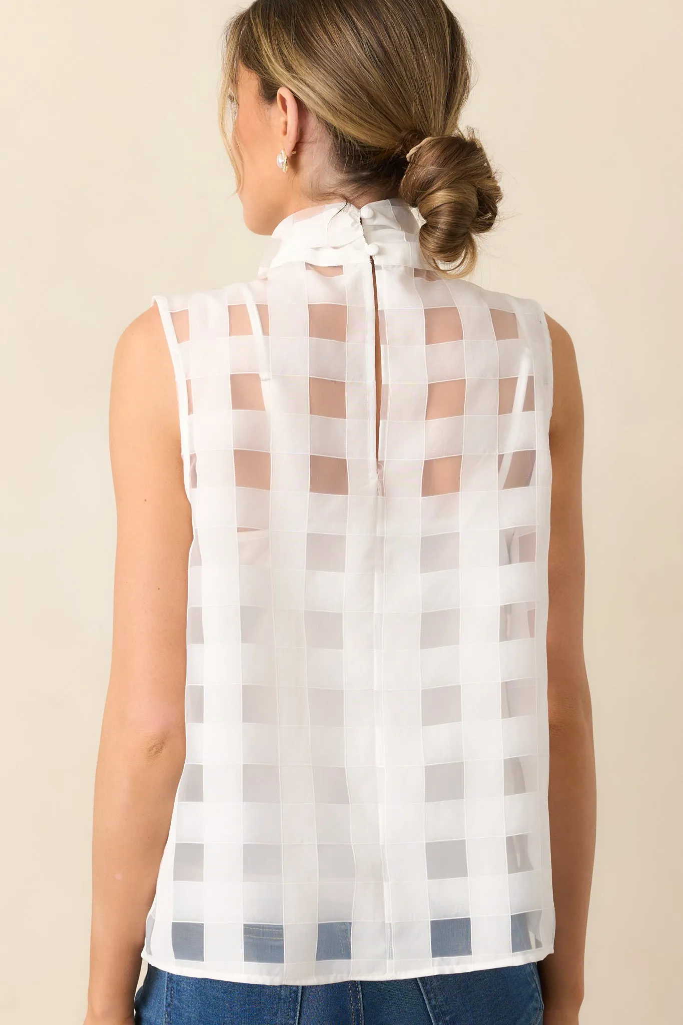 In A Perfect World White Sheer Windowpane Bow Neck Top