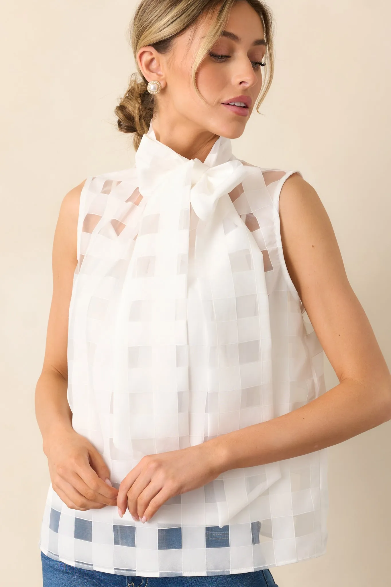 In A Perfect World White Sheer Windowpane Bow Neck Top