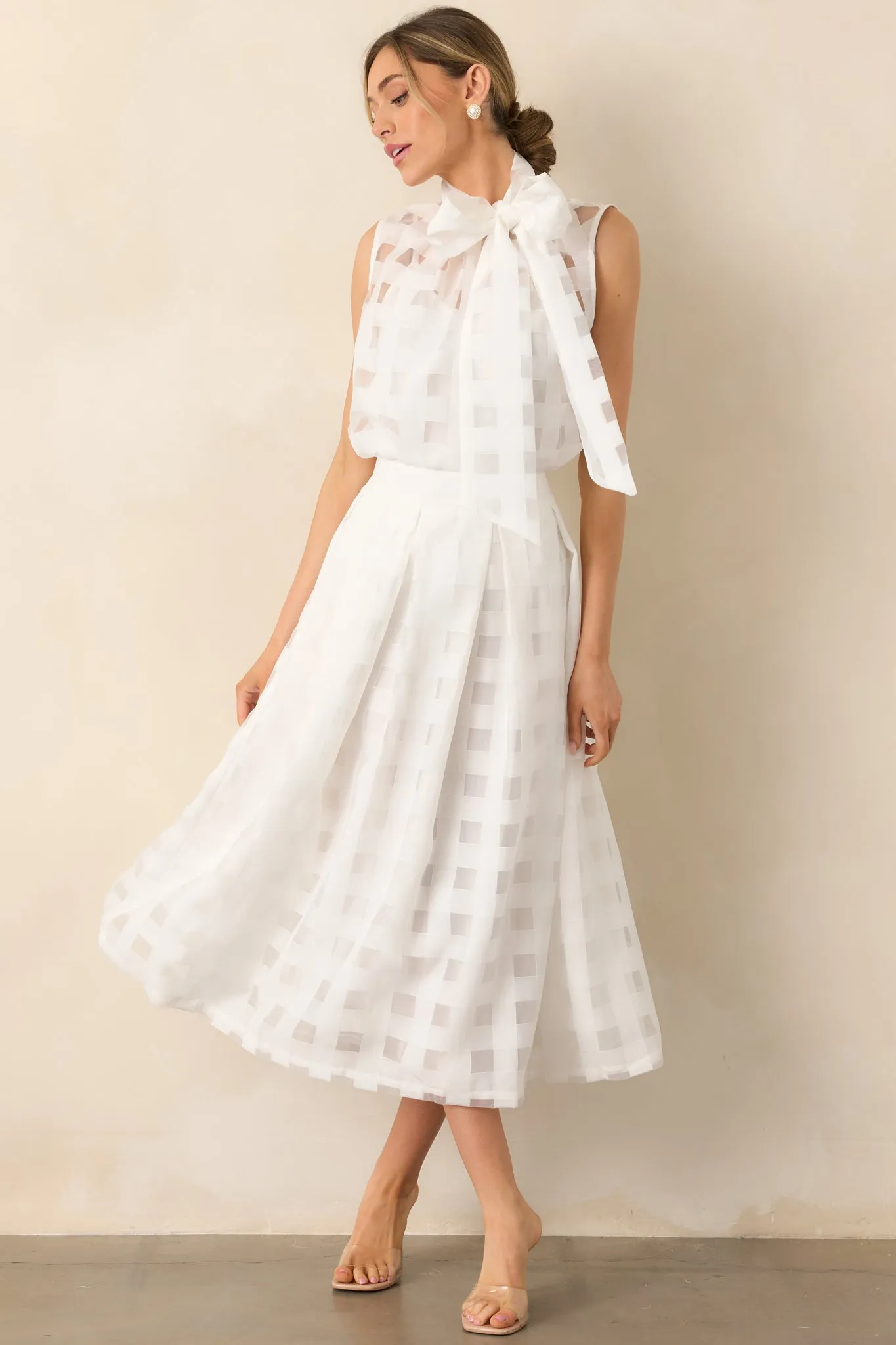 In A Perfect World White Sheer Windowpane Bow Neck Top