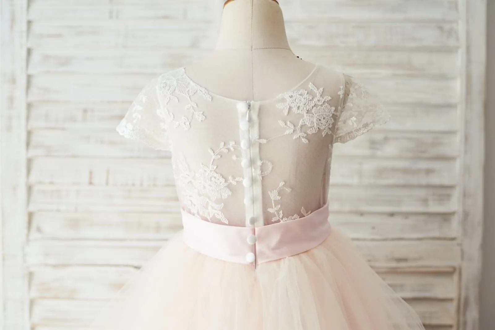 Ivory Lace Pink Tulle Cap Sleeves Wedding Flower Girl Dress, Horsehair Hem