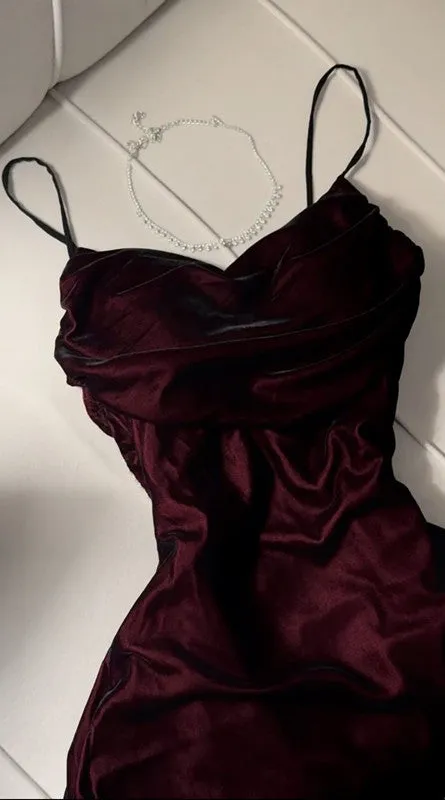 JazzHer Elegant A Line Straps Burgundy Satin Long Prom Dresses Party Dresses (PRE-ORDER)