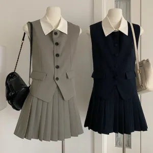JazzHer Summer Vintage Women Solid Chic Skirts Suit Sleeveless Casual Tanks Tops Pleated Mini Skirts Two Pieces Set Female Outfits New