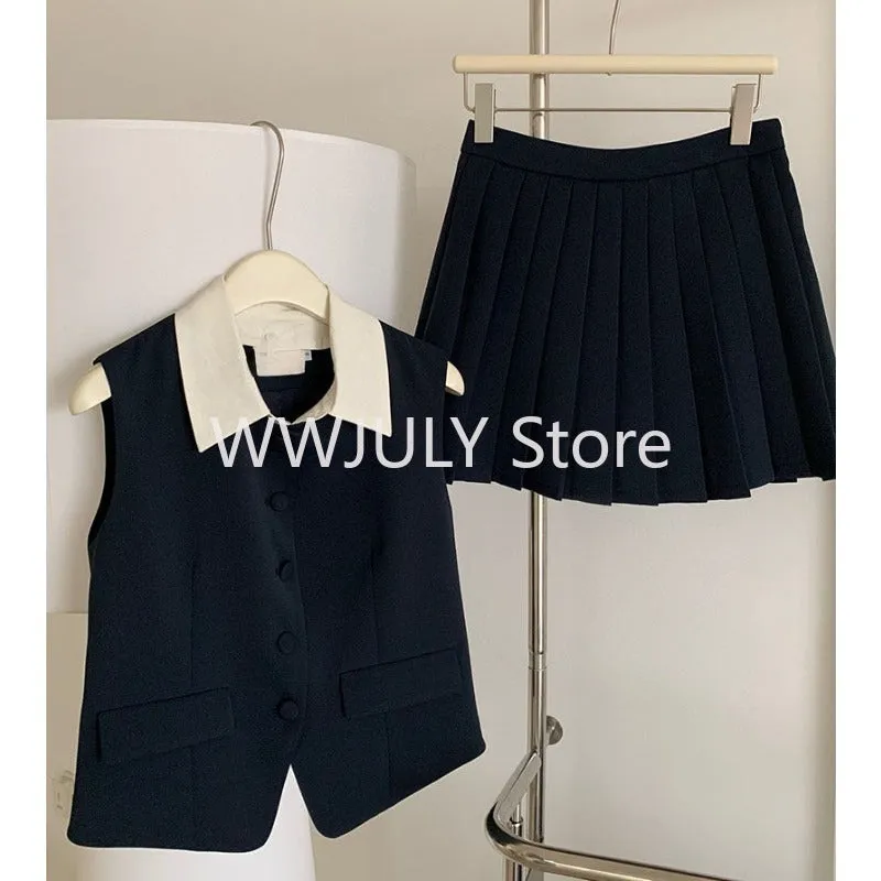 JazzHer Summer Vintage Women Solid Chic Skirts Suit Sleeveless Casual Tanks Tops Pleated Mini Skirts Two Pieces Set Female Outfits New