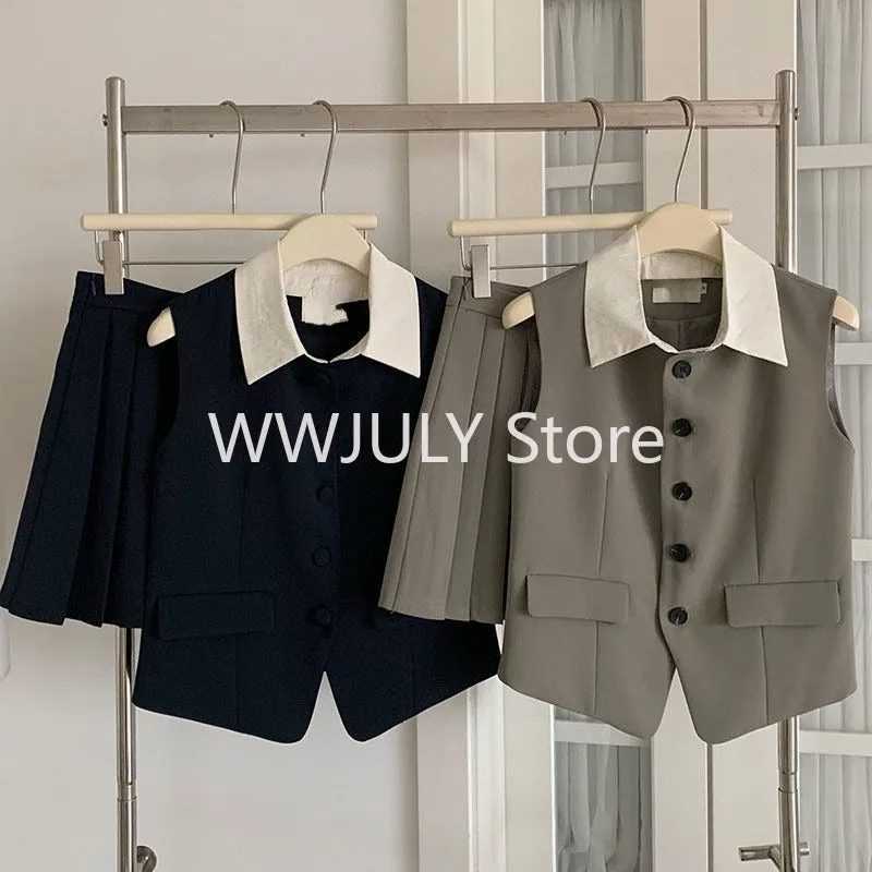 JazzHer Summer Vintage Women Solid Chic Skirts Suit Sleeveless Casual Tanks Tops Pleated Mini Skirts Two Pieces Set Female Outfits New