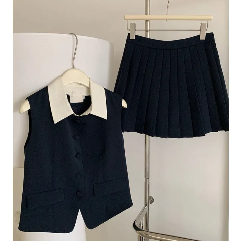 JazzHer Summer Vintage Women Solid Chic Skirts Suit Sleeveless Casual Tanks Tops Pleated Mini Skirts Two Pieces Set Female Outfits New