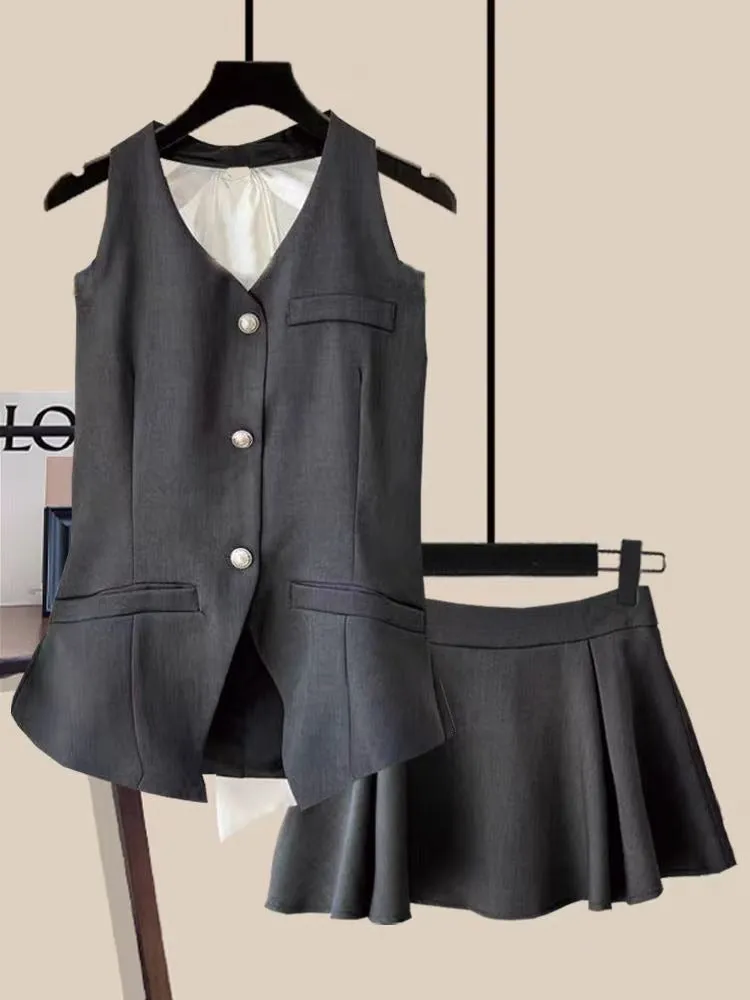 JazzHer Summer Women Old Money Design Vintage Rave Vacation Outfits 2 Piece Set Backless Bow Vest   A-line Mini Pleated Skirts Elegant