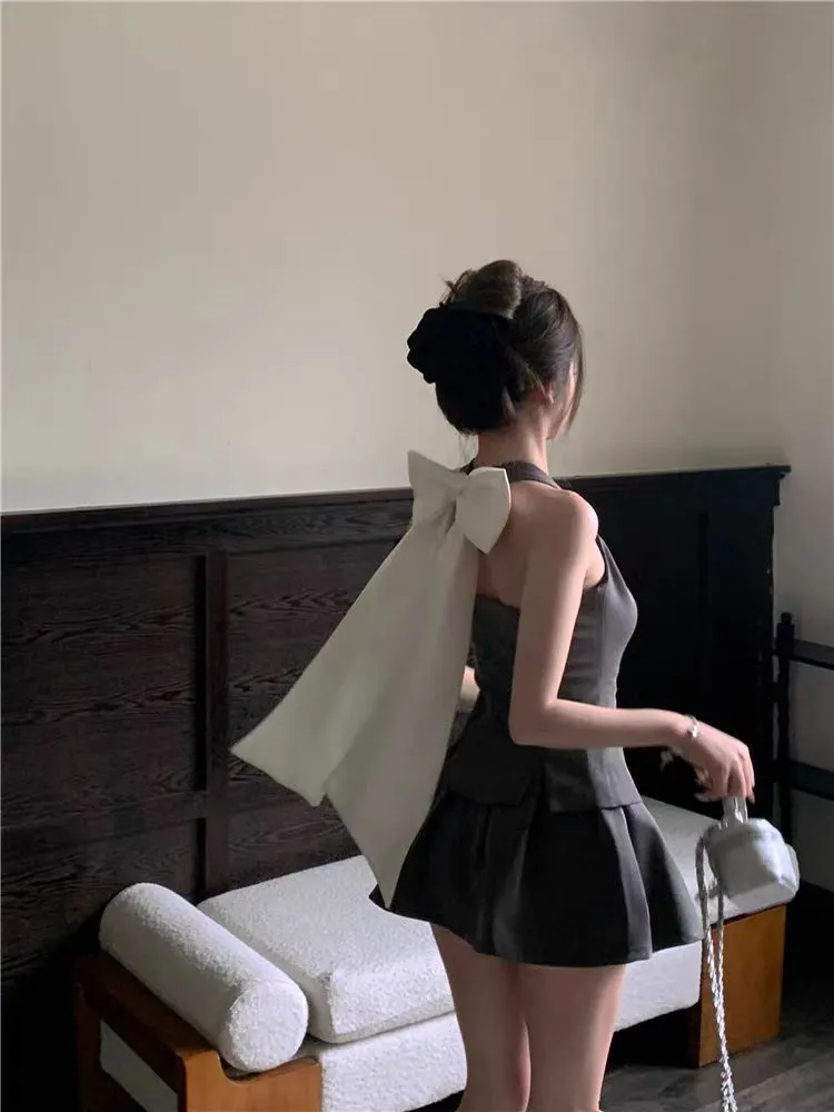 JazzHer Summer Women Old Money Design Vintage Rave Vacation Outfits 2 Piece Set Backless Bow Vest   A-line Mini Pleated Skirts Elegant