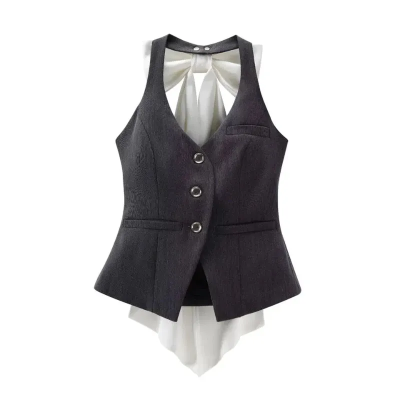 JazzHer Summer Women Old Money Design Vintage Rave Vacation Outfits 2 Piece Set Backless Bow Vest   A-line Mini Pleated Skirts Elegant