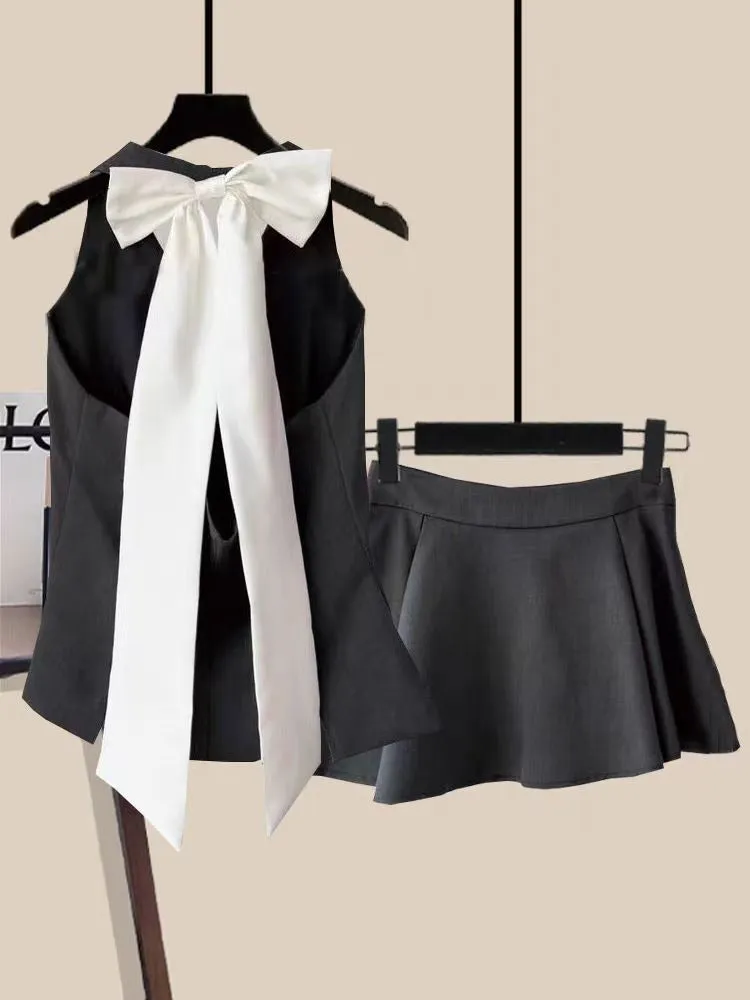 JazzHer Summer Women Old Money Design Vintage Rave Vacation Outfits 2 Piece Set Backless Bow Vest   A-line Mini Pleated Skirts Elegant