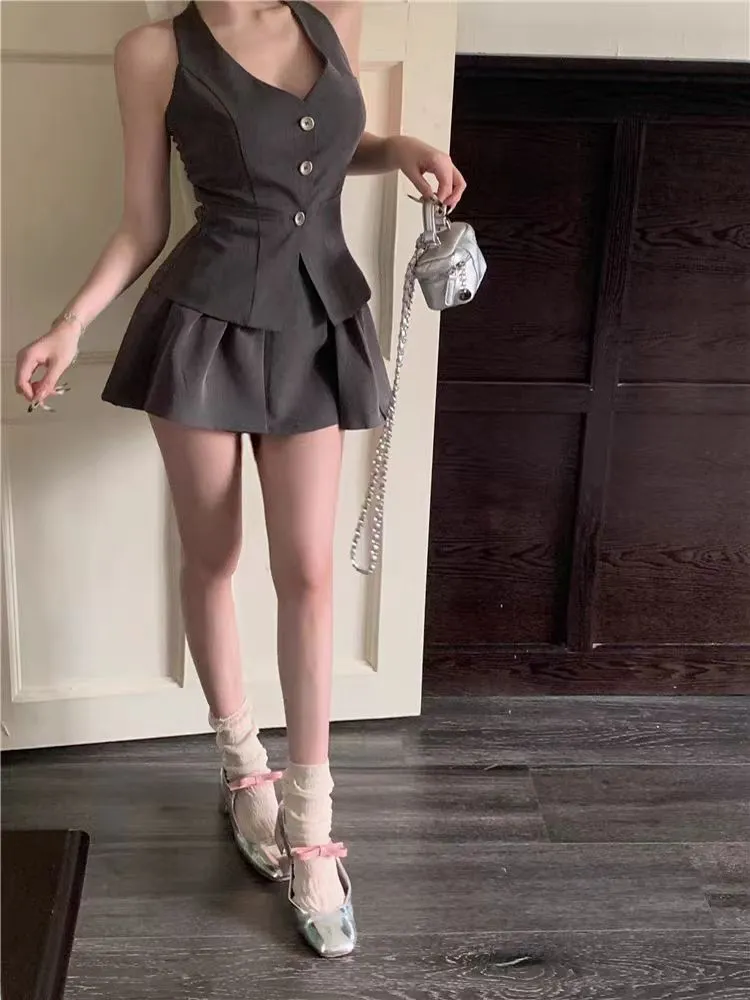 JazzHer Summer Women Old Money Design Vintage Rave Vacation Outfits 2 Piece Set Backless Bow Vest   A-line Mini Pleated Skirts Elegant