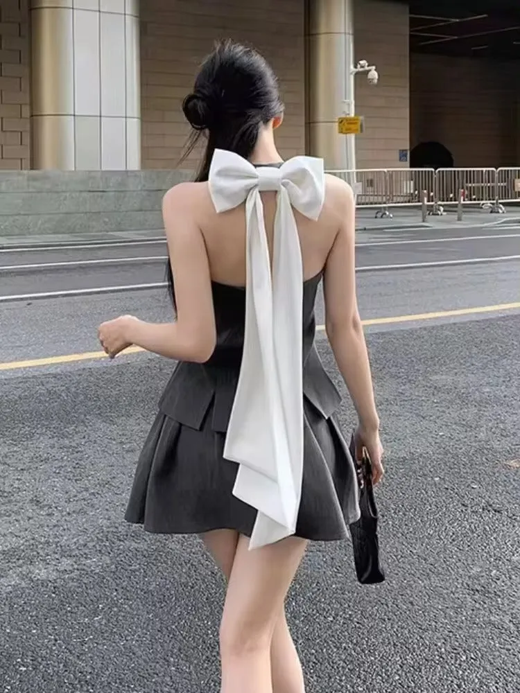 JazzHer Summer Women Old Money Design Vintage Rave Vacation Outfits 2 Piece Set Backless Bow Vest   A-line Mini Pleated Skirts Elegant