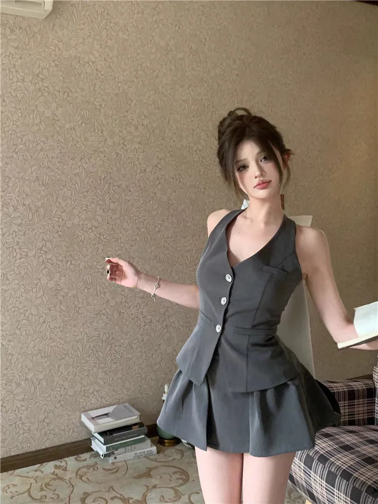 JazzHer Summer Women Old Money Design Vintage Rave Vacation Outfits 2 Piece Set Backless Bow Vest   A-line Mini Pleated Skirts Elegant