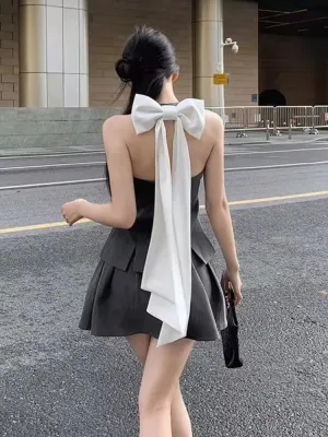 JazzHer Summer Women Old Money Design Vintage Rave Vacation Outfits 2 Piece Set Backless Bow Vest   A-line Mini Pleated Skirts Elegant