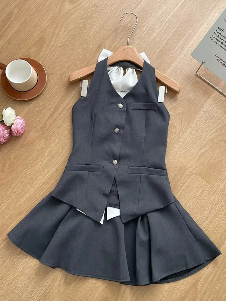 JazzHer Summer Women Old Money Design Vintage Rave Vacation Outfits 2 Piece Set Backless Bow Vest   A-line Mini Pleated Skirts Elegant
