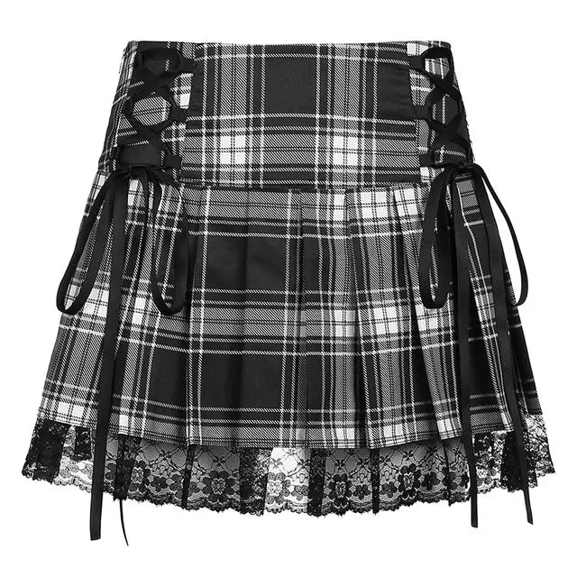 JazzHer-Y2K Girls Mesh Stitching Pleated Skirt Women Sweet Lace Up Waist Retro Plaid Print Hem Adjustable Mini Skirts Spring Clothing