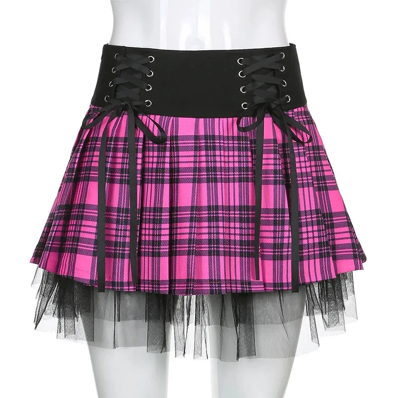 JazzHer-Y2K Girls Mesh Stitching Pleated Skirt Women Sweet Lace Up Waist Retro Plaid Print Hem Adjustable Mini Skirts Spring Clothing