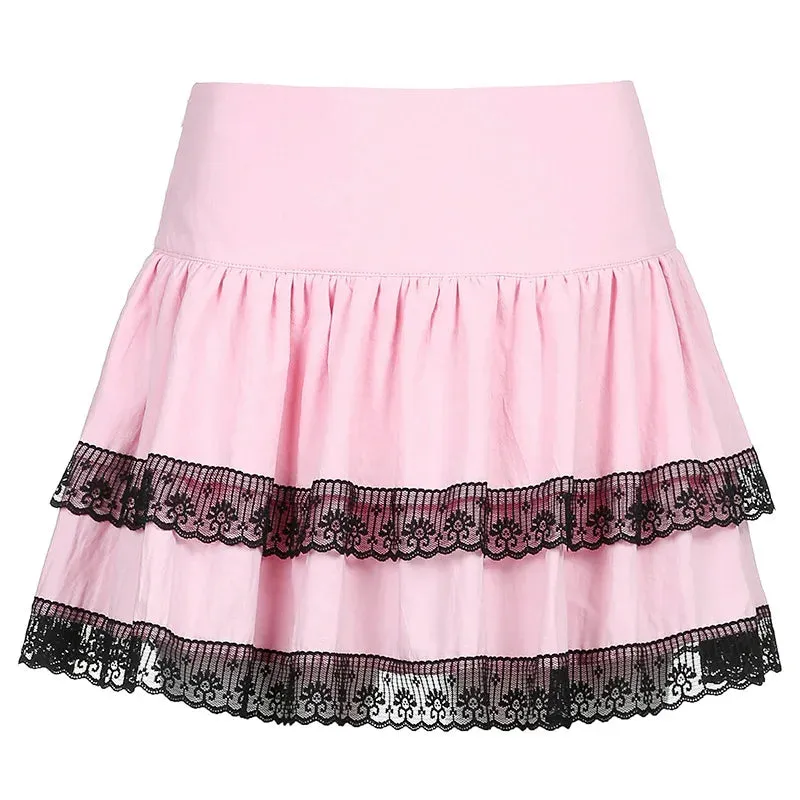 JazzHer-Y2K Girls Mesh Stitching Pleated Skirt Women Sweet Lace Up Waist Retro Plaid Print Hem Adjustable Mini Skirts Spring Clothing