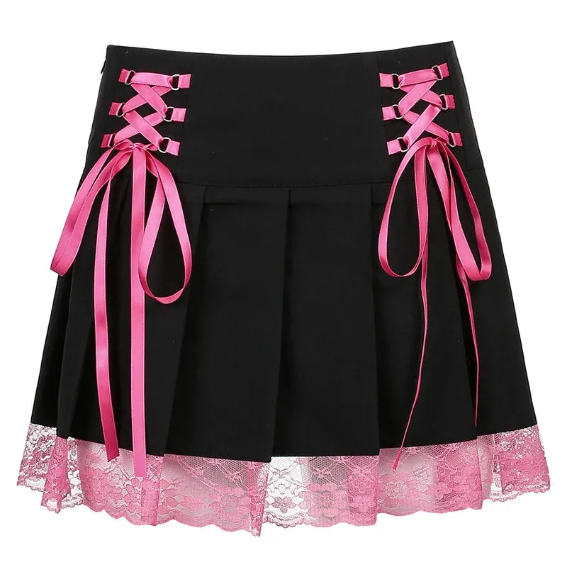 JazzHer-Y2K Girls Mesh Stitching Pleated Skirt Women Sweet Lace Up Waist Retro Plaid Print Hem Adjustable Mini Skirts Spring Clothing