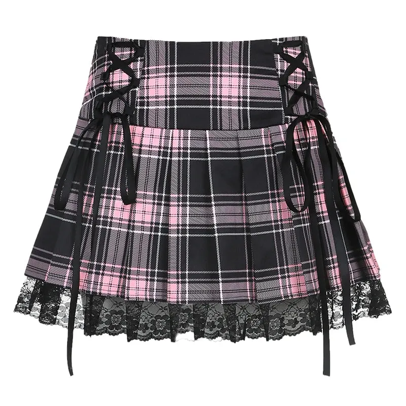 JazzHer-Y2K Girls Mesh Stitching Pleated Skirt Women Sweet Lace Up Waist Retro Plaid Print Hem Adjustable Mini Skirts Spring Clothing