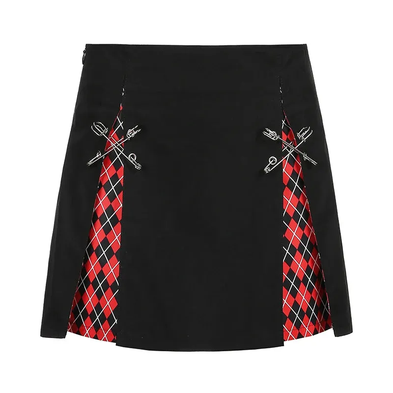 JazzHer-Y2K Girls Mesh Stitching Pleated Skirt Women Sweet Lace Up Waist Retro Plaid Print Hem Adjustable Mini Skirts Spring Clothing