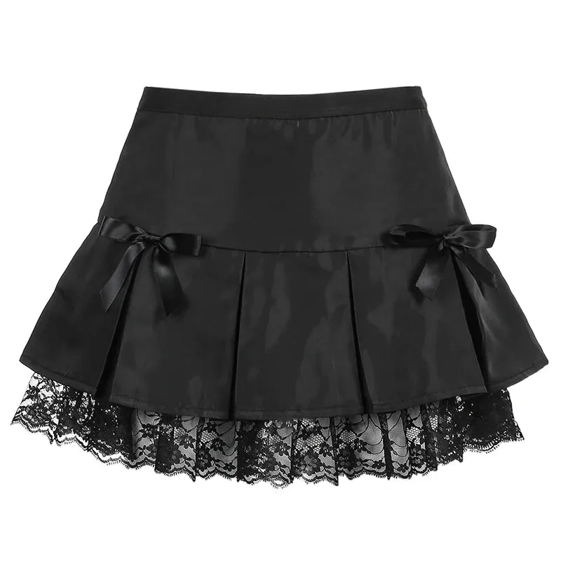 JazzHer-Y2K Girls Mesh Stitching Pleated Skirt Women Sweet Lace Up Waist Retro Plaid Print Hem Adjustable Mini Skirts Spring Clothing