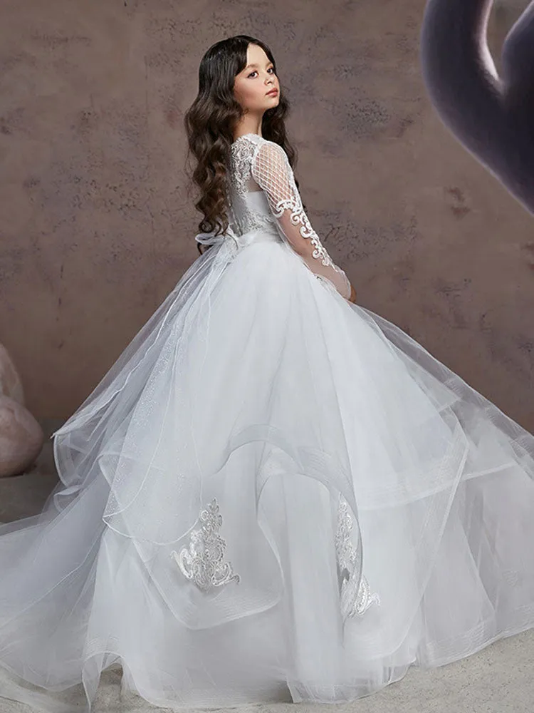 Jewel Neck Lace Long Sleeves Floor-Length Princess Embroidered Kids Party Dresses