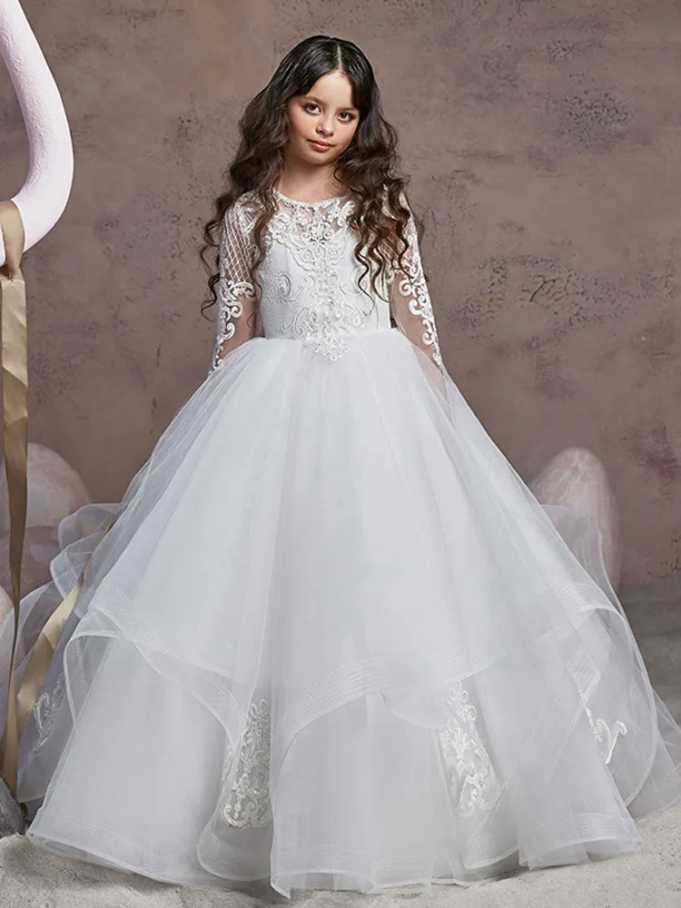 Jewel Neck Lace Long Sleeves Floor-Length Princess Embroidered Kids Party Dresses