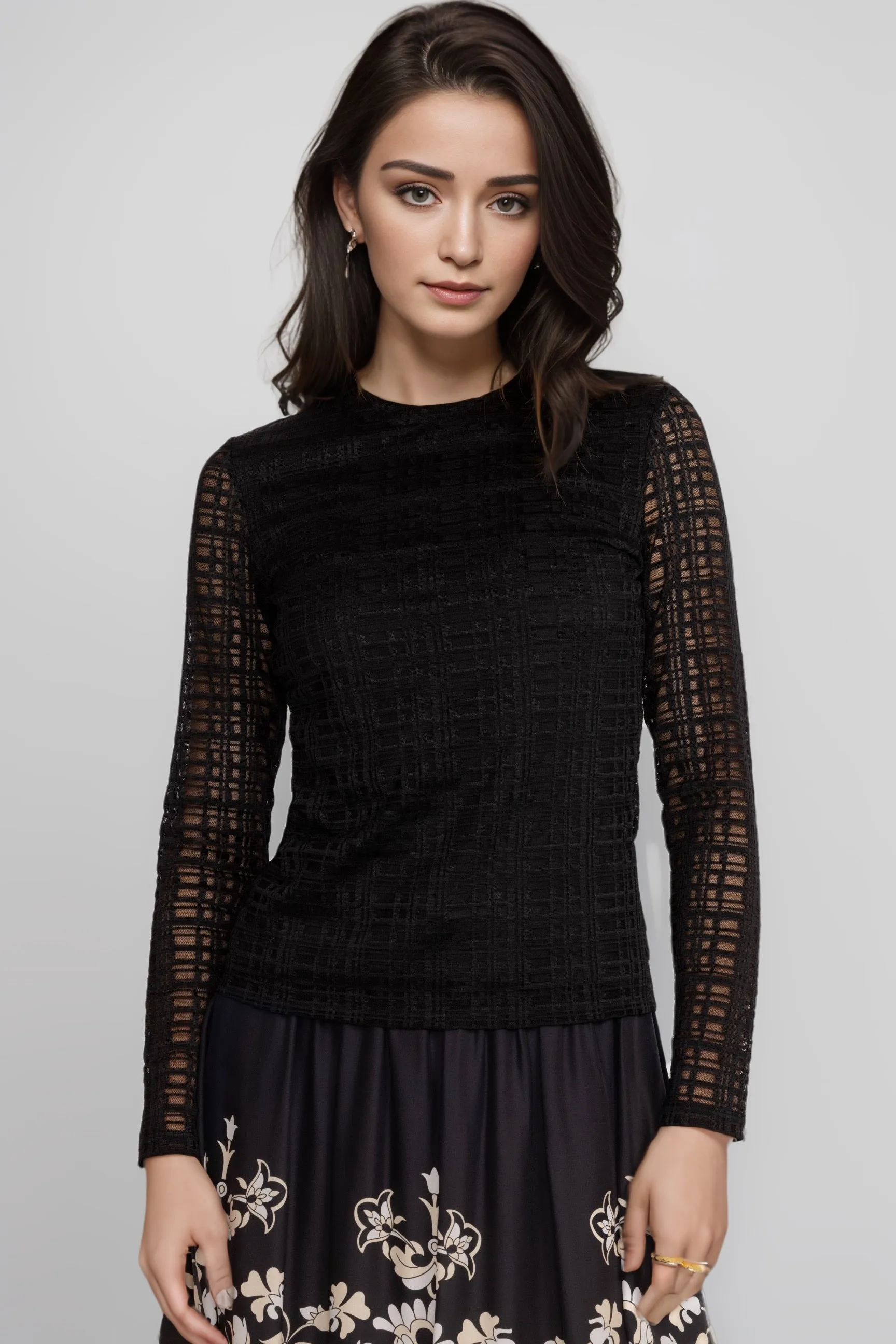 Johnny Was Jade Black Plaid Natalie Long Sleeve Mesh Tee L12124-6