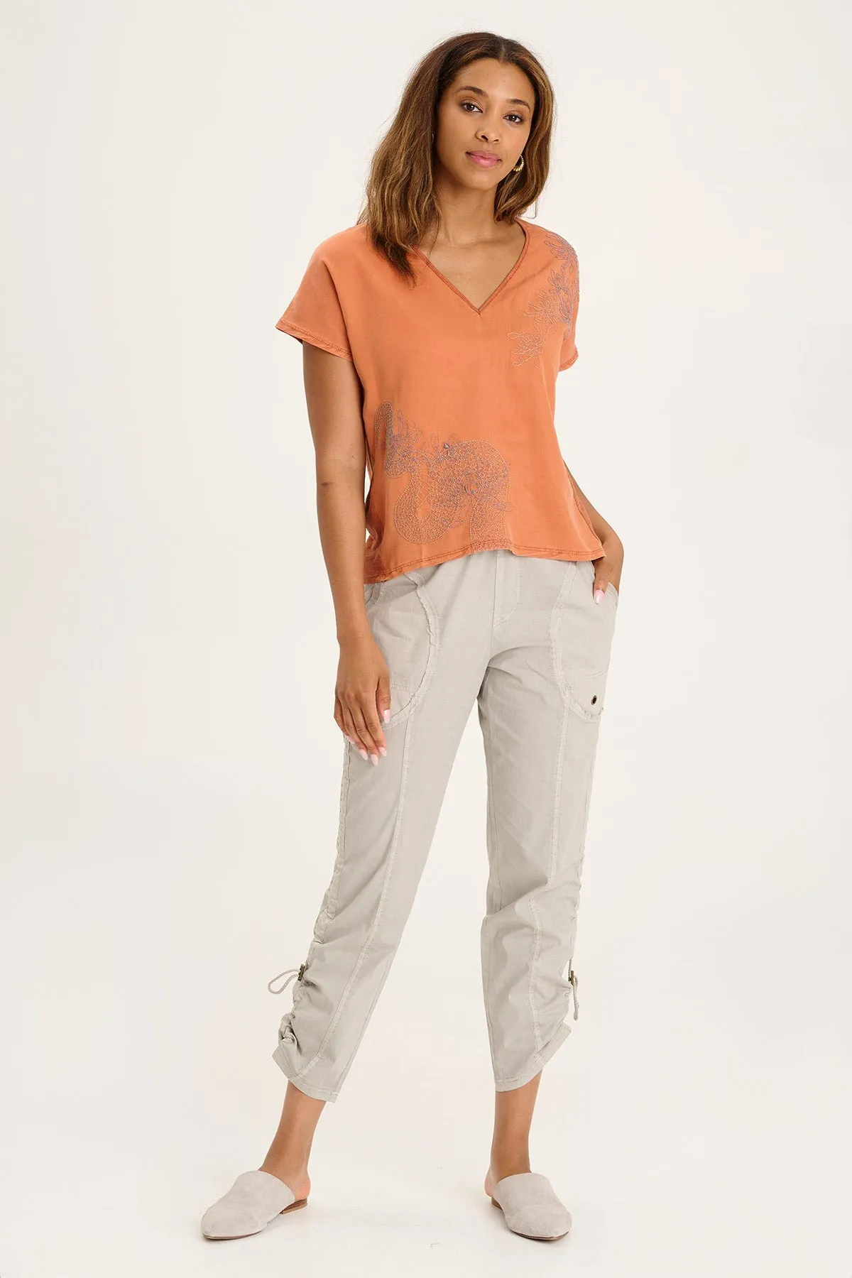 Jolina Twill V-Neck Embroidered Tee