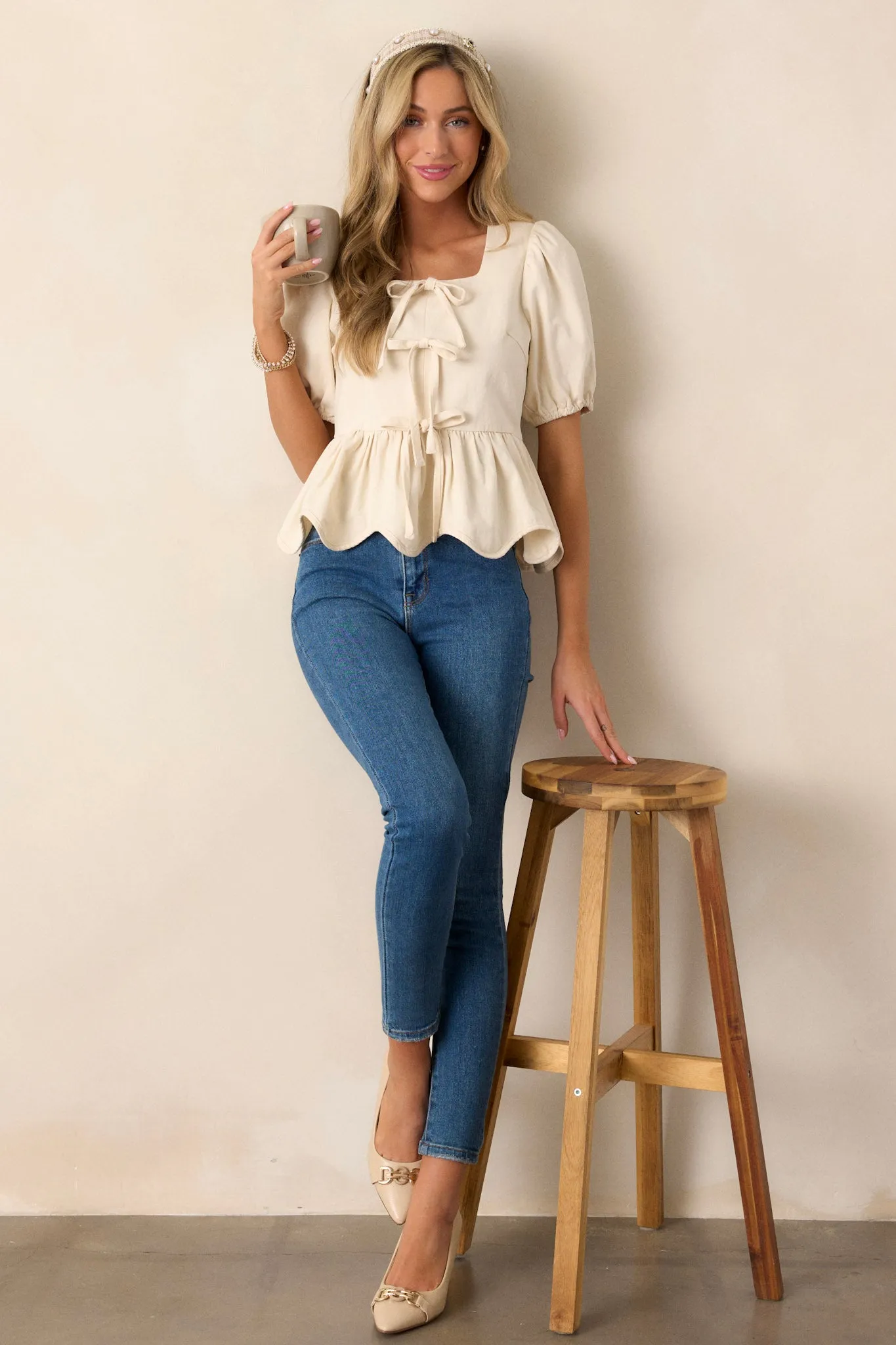 Just A Girl 100% Cotton Ivory Puff Sleeve Bow Peplum Top