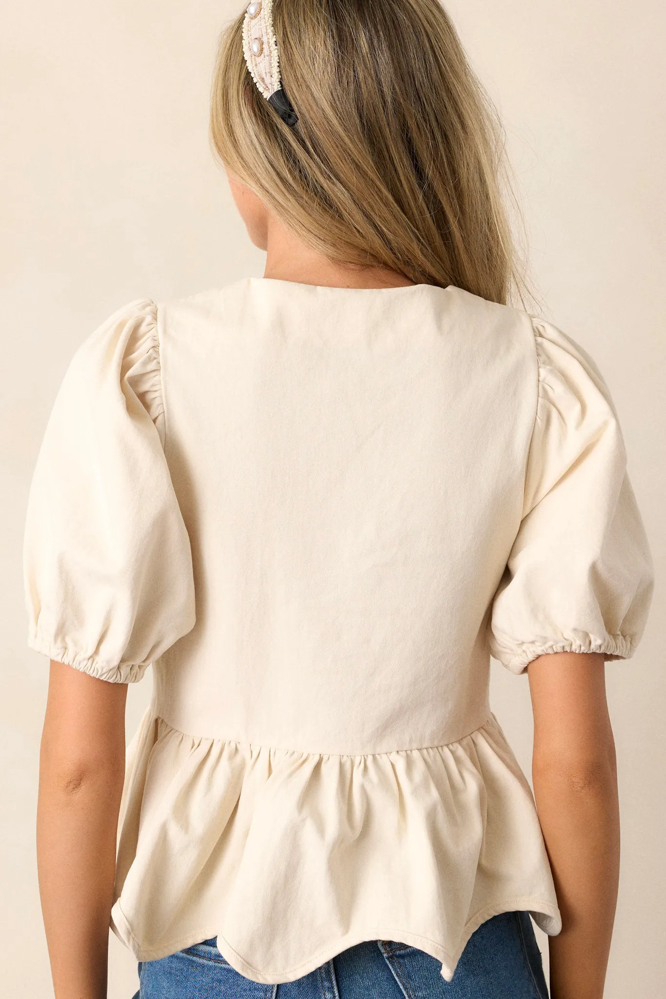 Just A Girl 100% Cotton Ivory Puff Sleeve Bow Peplum Top