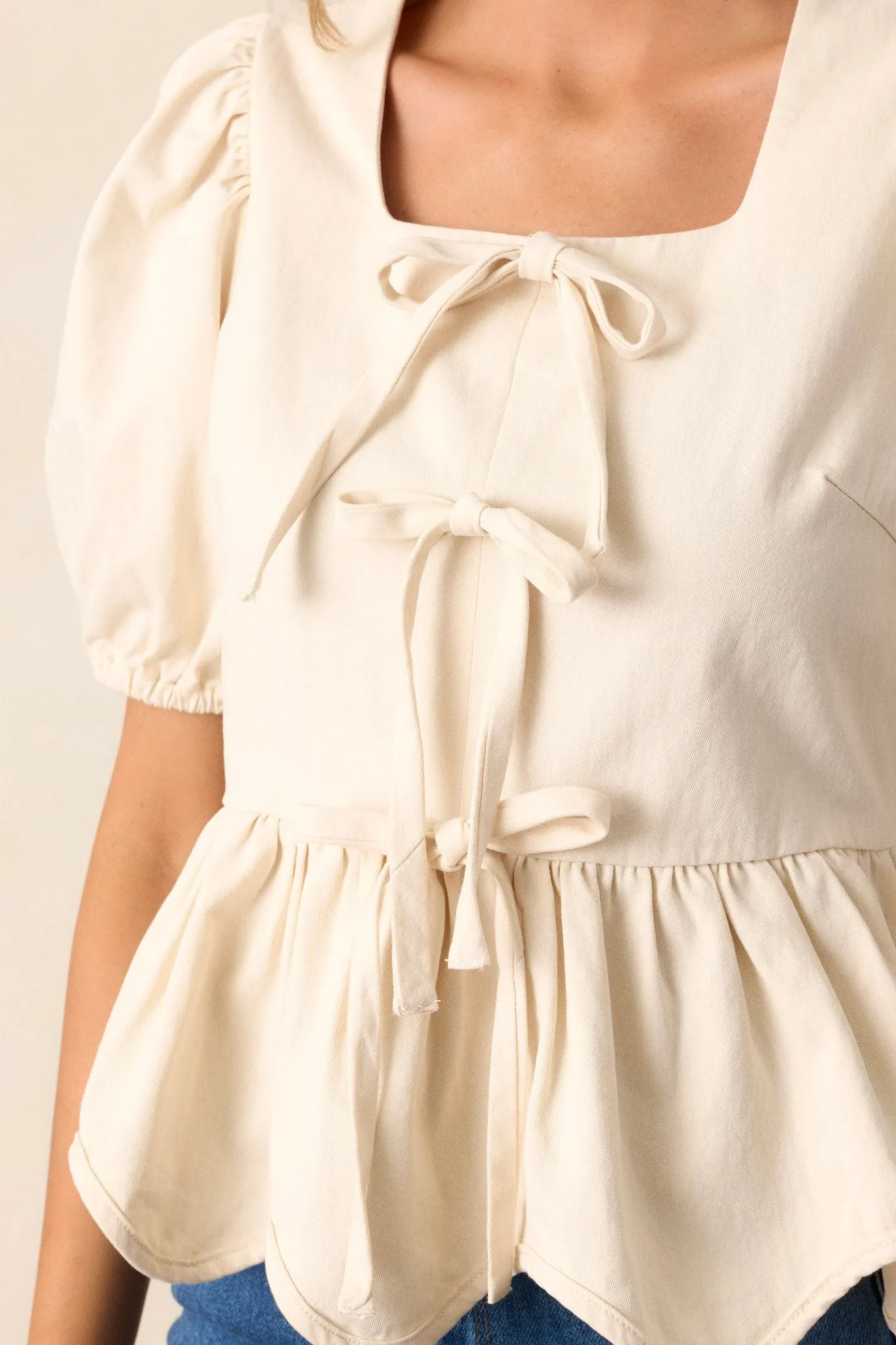 Just A Girl 100% Cotton Ivory Puff Sleeve Bow Peplum Top