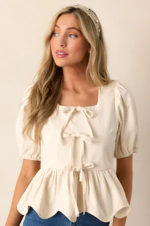 Just A Girl 100% Cotton Ivory Puff Sleeve Bow Peplum Top
